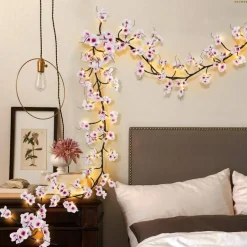 Lighted Cherry Blossom Garland with Timer 48 LED Fairy Lights 6FT for Mantle, Artificial Flower Vines with Lights 8 Modes Battery Operated Home Fireplace Wedding Party Room Decor