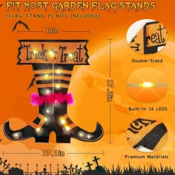 Lighted Halloween Garden Flag 12x18 Inch Solar Powered Witch Feet Yard Flag with 16 LED Lights Double Sided Outdoor Halloween Decor