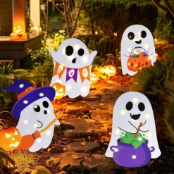 Lighted Halloween Ghost Yard Signs, 4 Pack Cute Ghost Decorations with LED Lights, BOO Witch Hat Pumpkin & Cauldron Stakes, Outdoor Halloween Lawn Decor for Garden Yard Porch Party