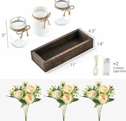 Lighted Mason Jar Centerpiece Table Decor, Farmhouse Wooden Tray with 3 Floral Mason Jars & LED Lights, Rustic Summer Decoration for Dining Room, Coffee Table, Kitchen & Living Room