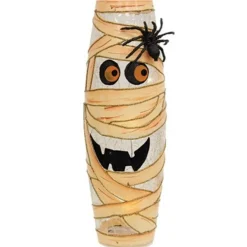 Lighted Mummy Halloween Glass Vase with Crackled Finish String Lights Glitter Accent and Spider Seasonal Table Decor 12 Inch