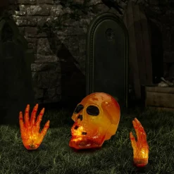 8.5" Lighted Orange Skull & Hands Outdoor Halloween Decoration