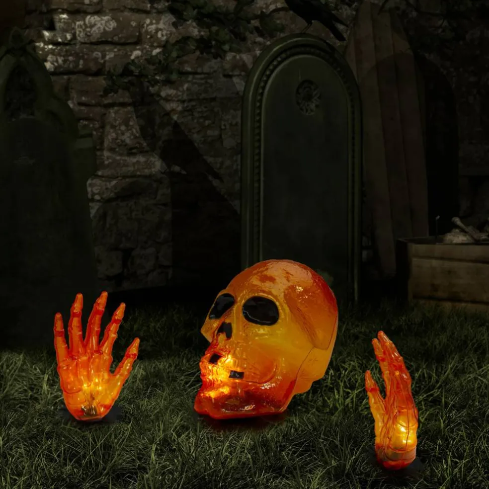 8.5" Lighted Orange Skull & Hands Outdoor Halloween Decoration