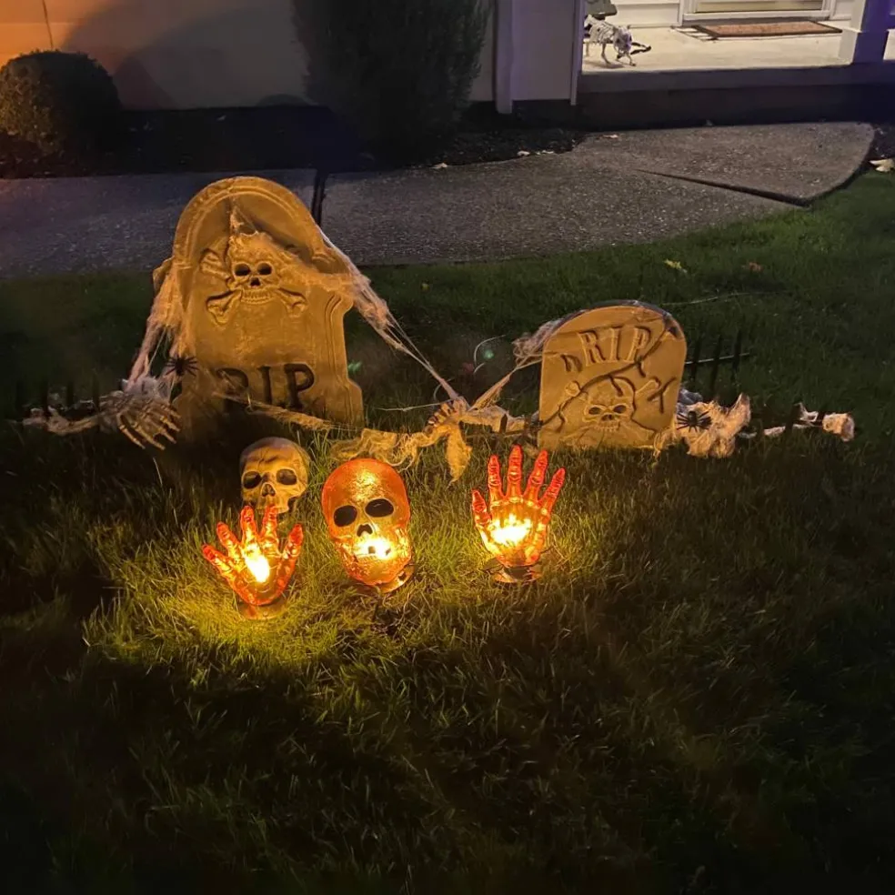 8.5" Lighted Orange Skull & Hands Outdoor Halloween Decoration