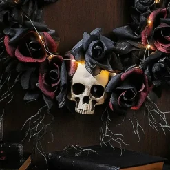 Lighted Skull Dead Roses Halloween Door Wreath 23 1/2 Inches