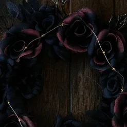 Lighted Skull Dead Roses Halloween Door Wreath 23 1/2 Inches
