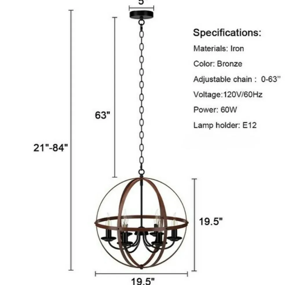 6-Light Orb Chandelier Rustic Vintage Ceiling Lamp