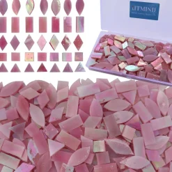 LITMIND Iridescent Glass Mosaic Tiles for Crafts, 240 Pieces 5 Shapes Mixed Pink Stained Glass Pieces, Mosaic Kits for Adults (Iridescent Pink)