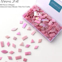 LITMIND Iridescent Glass Mosaic Tiles for Crafts, 240 Pieces 5 Shapes Mixed Pink Stained Glass Pieces, Mosaic Kits for Adults (Iridescent Pink)