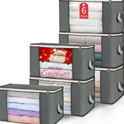 90L Large Storage Bags, 6 Pack Clothes Storage Bins Foldable Closet Organizers Storage Containers with Durable Handles for Clothing, Blanket, Comforters, Bed Sheets, Pillows and Toys (Gray)