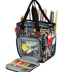 Looen Yarn Knitting Storage Tote-Large Capacity Crochet Organizer Portable Travel Bag with Shoulder Strap Crochet Hooks Case for Unfinished Bulk Project