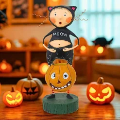 Lori Mitchell 5.25 In Fraidy Cat Halloween Figurine , Lightweight Halloween Decor Pumpkin Treat