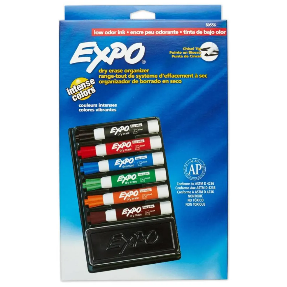 Low Odor Dry Erase Marker Set with 6-Marker Organizer and Eraser