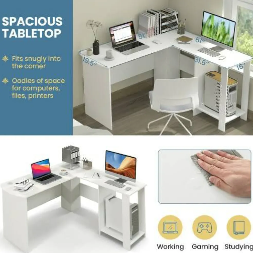 L-Shaped Computer Desk, Corner Office Workstation with 2-Tier Storage Shelves, 330 LBS Capacity, White