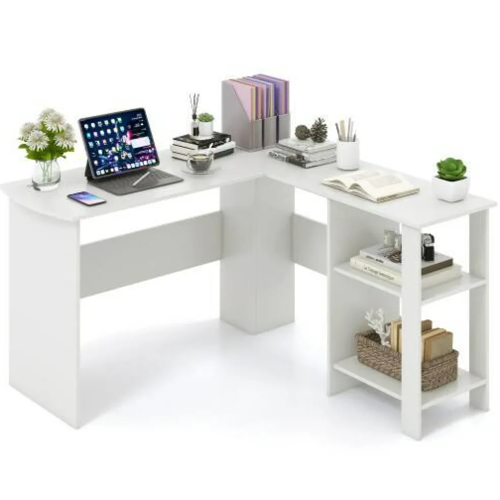 L-Shaped Computer Desk, Corner Office Workstation with 2-Tier Storage Shelves, 330 LBS Capacity, White