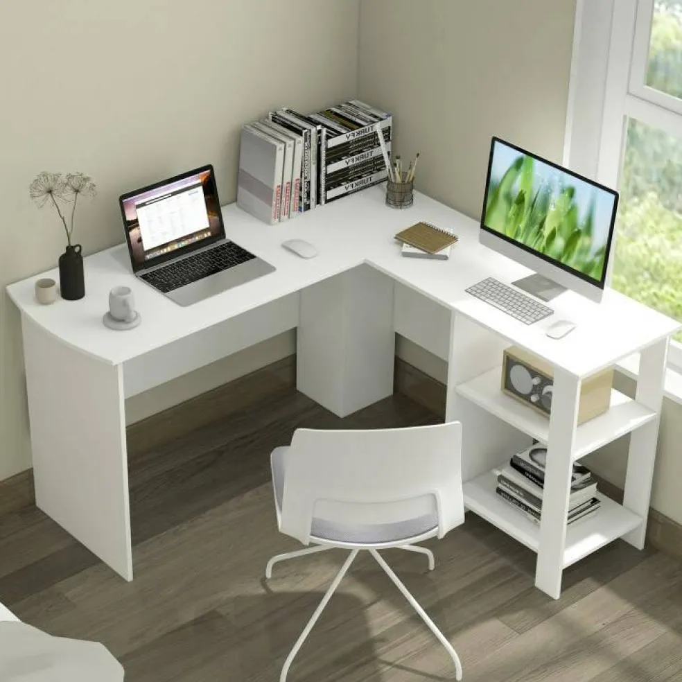 L-Shaped Computer Desk, Corner Office Workstation with 2-Tier Storage Shelves, 330 LBS Capacity, White