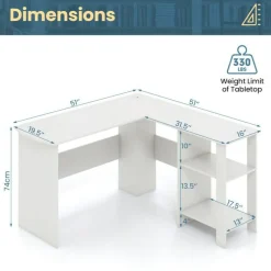L-Shaped Computer Desk, Corner Office Workstation with 2-Tier Storage Shelves, 330 LBS Capacity, White