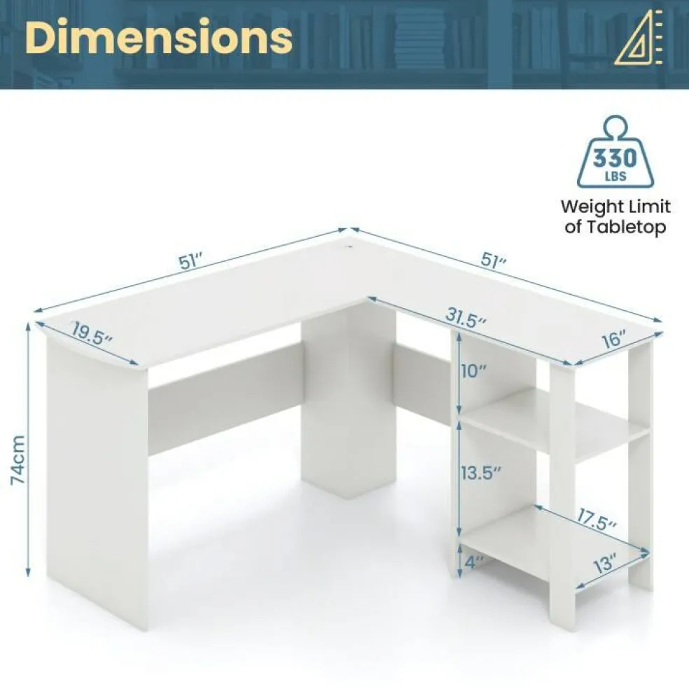 L-Shaped Computer Desk, Corner Office Workstation with 2-Tier Storage Shelves, 330 LBS Capacity, White