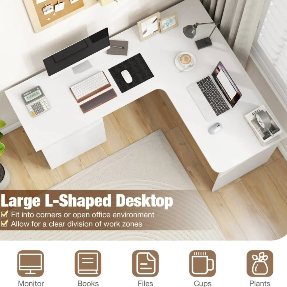 L-Shaped Computer Desk with 2 Hanging Rods for Letter-Sized File and One Small Drawer