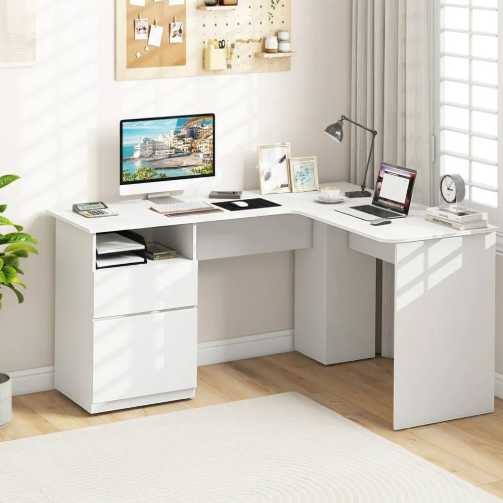 L-Shaped Computer Desk with 2 Hanging Rods for Letter-Sized File and One Small Drawer