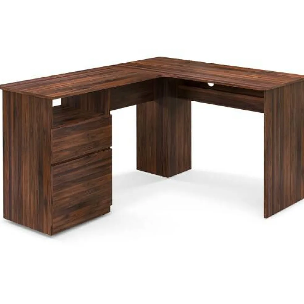 L-Shaped Computer Desk with 2 Hanging Rods for Letter-Sized File and One Small Drawer