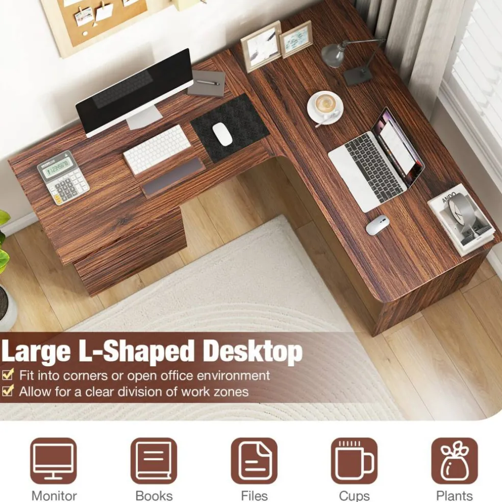 L-Shaped Computer Desk with 2 Hanging Rods for Letter-Sized File and One Small Drawer