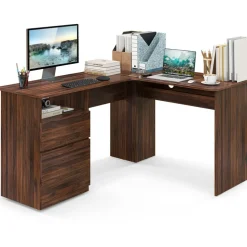 L-Shaped Computer Desk with 2 Hanging Rods for Letter-Sized File and One Small Drawer