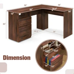 L-Shaped Computer Desk with 2 Hanging Rods for Letter-Sized File and One Small Drawer