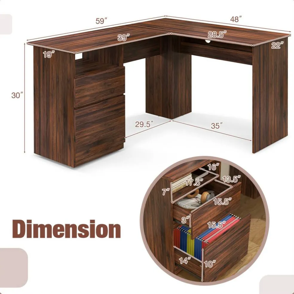 L-Shaped Computer Desk with 2 Hanging Rods for Letter-Sized File and One Small Drawer