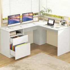 L-Shaped Computer Desk with 2 Hanging Rods for Letter-Sized File and One Small Drawer