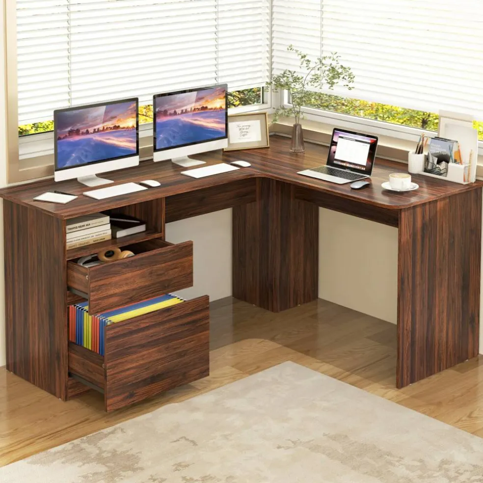 L-Shaped Computer Desk with 2 Hanging Rods for Letter-Sized File and One Small Drawer