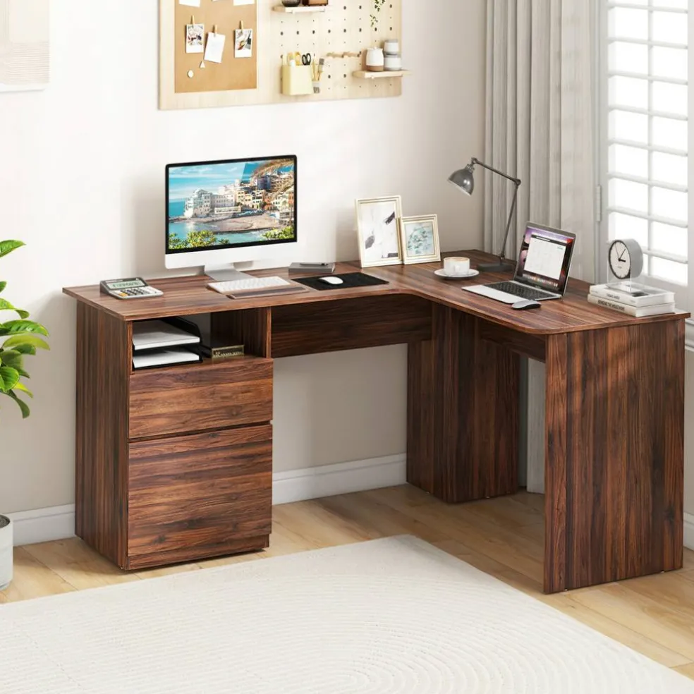 L-Shaped Computer Desk with 2 Hanging Rods for Letter-Sized File and One Small Drawer