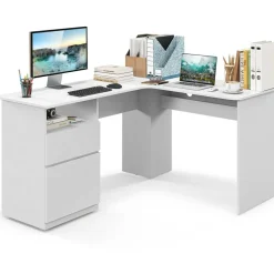 L-Shaped Computer Desk with 2 Hanging Rods for Letter-Sized File and One Small Drawer