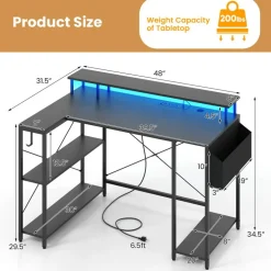 L-Shaped Computer Desk with Power Hub, Monitor Stand, CPU Holder and Storage Shelves, 4 AC Outlets, 2 USB Ports, Type-C