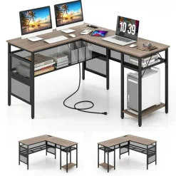 L-Shaped Computer Desk with Reversible Design, 3 Power Outlets and 2 USB Ports, Storage Shelves, CPU Stand, Gray Wash