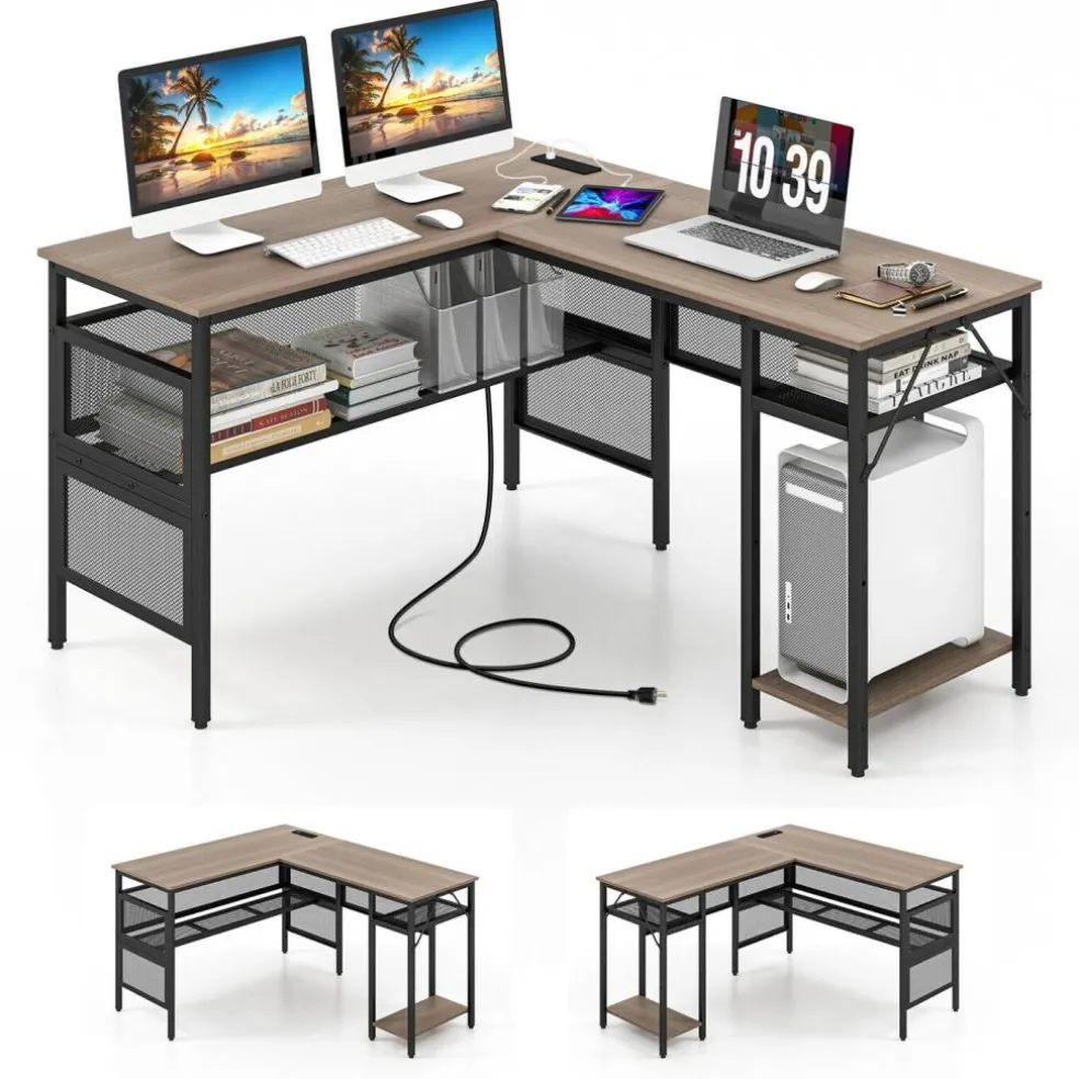 L-Shaped Computer Desk with Reversible Design, 3 Power Outlets and 2 USB Ports, Storage Shelves, CPU Stand, Gray Wash