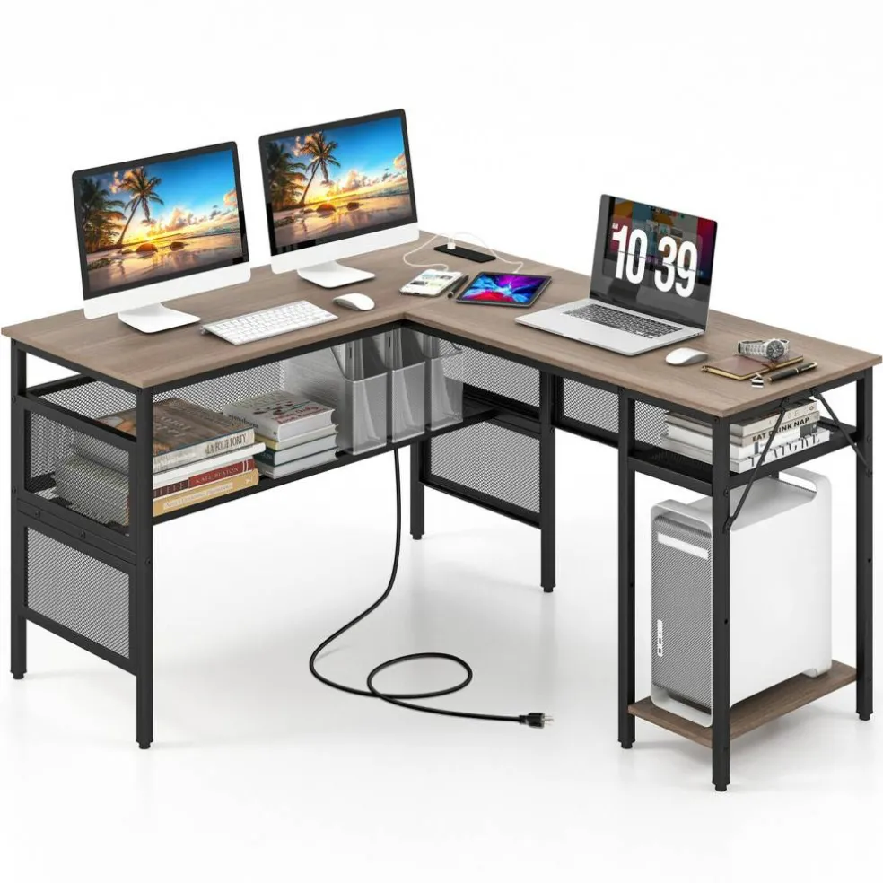 L-Shaped Computer Desk with Reversible Design, 3 Power Outlets and 2 USB Ports, Storage Shelves, CPU Stand, Gray Wash