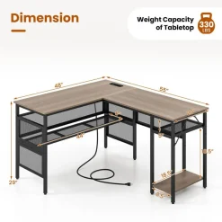 L-Shaped Computer Desk with Reversible Design, 3 Power Outlets and 2 USB Ports, Storage Shelves, CPU Stand, Gray Wash
