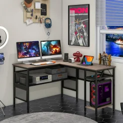 L-Shaped Computer Desk with Reversible Design, 3 Power Outlets and 2 USB Ports, Storage Shelves, CPU Stand, Gray Wash