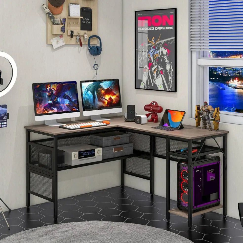 L-Shaped Computer Desk with Reversible Design, 3 Power Outlets and 2 USB Ports, Storage Shelves, CPU Stand, Gray Wash