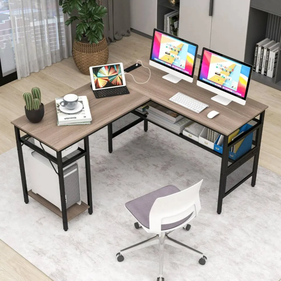 L-Shaped Computer Desk with Reversible Design, 3 Power Outlets and 2 USB Ports, Storage Shelves, CPU Stand, Gray Wash