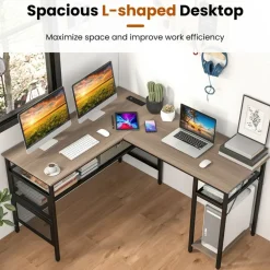 L-Shaped Computer Desk with Reversible Design, 3 Power Outlets and 2 USB Ports, Storage Shelves, CPU Stand, Gray Wash