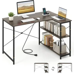 L-Shaped Computer Desk with 2-Tier Reversible Storage Shelf, 48" Corner Writing Desk, Steel Frame, Home Office Workstation, Gray