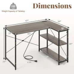 L-Shaped Computer Desk with 2-Tier Reversible Storage Shelf, 48