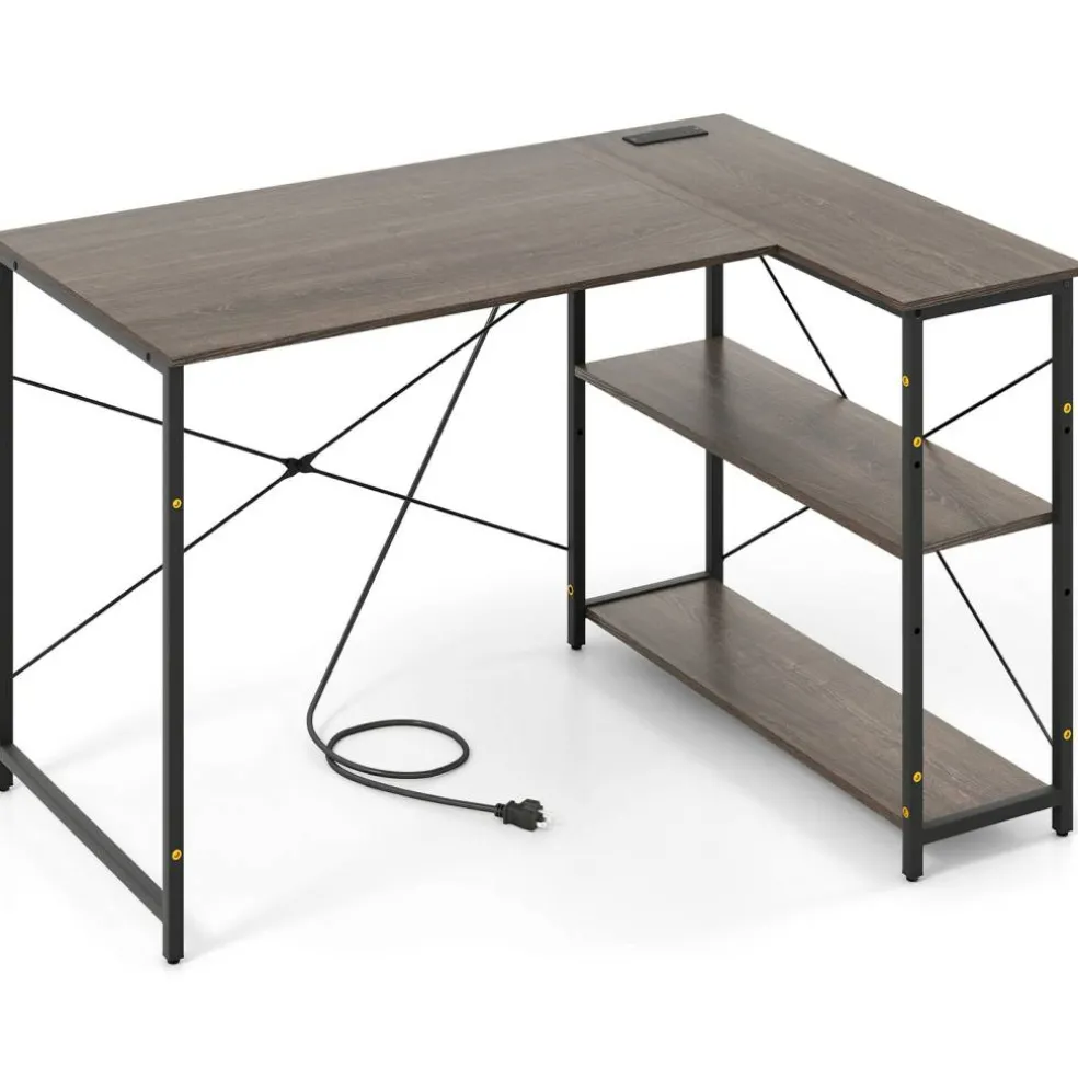 L-Shaped Computer Desk with 2-Tier Reversible Storage Shelf, 48" Corner Writing Desk, Steel Frame, Home Office Workstation, Gray