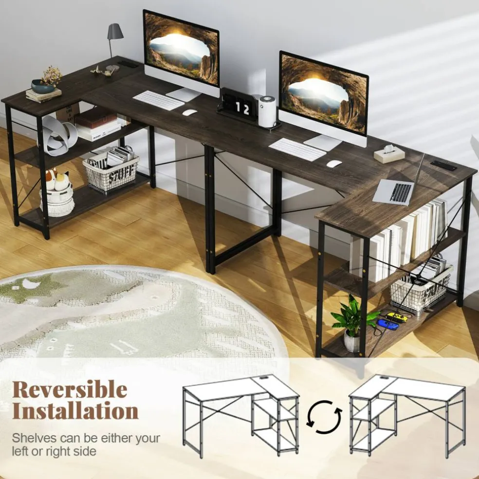 L-Shaped Computer Desk with 2-Tier Reversible Storage Shelf, 48" Corner Writing Desk, Steel Frame, Home Office Workstation, Gray