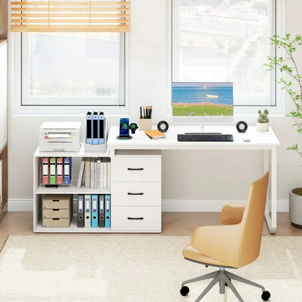 L-Shaped Executive Computer Desk with Power Outlets, USB and Type-C Ports, Reversible Corner Office Desk with 3 Drawers and Adjustable Shelf
