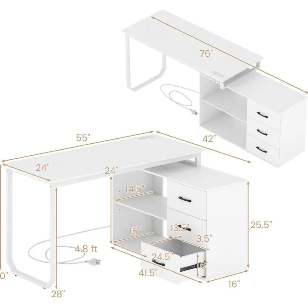 L-Shaped Executive Computer Desk with Power Outlets, USB and Type-C Ports, Reversible Corner Office Desk with 3 Drawers and Adjustable Shelf