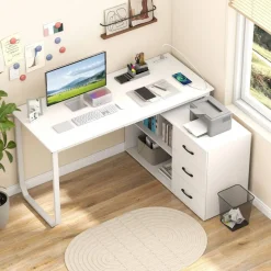 L-Shaped Executive Computer Desk with Power Outlets, USB and Type-C Ports, Reversible Corner Office Desk with 3 Drawers and Adjustable Shelf