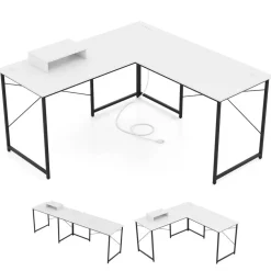 L Shaped Office Desk Convertible 95 Inch Computer Desk With Monitor Shelf Steel Frame Cable Management White
